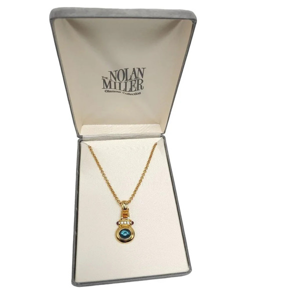 Nolan Miller Glamour Collection Pendant Necklace Blue Red Orange Rhinestones Box - Picture 1 of 5